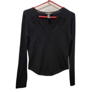 August Silk Black Long Sleeve Knit Top with Embellished Neckline